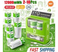 Batterie rechargeable au lithium LR20 de type D, 12000 mWh, 1,5 V, avec câble de charge de type C, pour cuisinières à gaz, chauffe-eau, etc. 6 PCS D and 2 cable