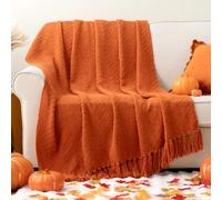 Battilo Couverture orange brûlé pour lit et chaise, jeté de canapé texturé uni et doux en tricot à chevrons - 125 x 150 cm