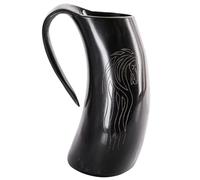 Battle-Merchant Chope à bière viking de qualité supérieure en corne avec motif tête de cheval - Chope à corne gravée - Chope médiévale jusqu'à 800 ml