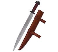 Battle-Merchant Long sax viking avec fourreau en cuir - Manche en bois enveloppé de cuir avec parier et bouton en acier - Véritable couteau médiéval décoratif - Couteau saxophone