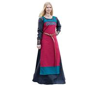Battle-Merchant - Robe médiévale à Bretelles/Tablier Hilja - Femme - avec éléments brodés - Coton - pour Jeux de rôle Grandeur Nature/Viking - Bleu/Jaune Moutarde ou Rouge/pétrole - Rouge - L