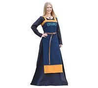 Battle-Merchant - Robe médiévale à Bretelles/Tablier Hilja - Femme - avec éléments brodés - Coton - pour Jeux de rôle Grandeur Nature/Viking - Bleu/Jaune Moutarde ou Rouge/pétrole - Bleu - M