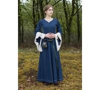 Battle-Merchant – Robe médiévale Amal – Coton, manches longues évasées – Femme Bleu/Naturel S