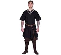 Battle-Merchant - Tunique médiévale Ailrik - Homme - Manches Courtes/galons - Carnaval/Guerrier/Viking/déguisement - Noir - L
