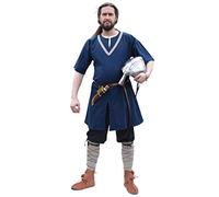 Battle-Merchant - Tunique médiévale Ailrik - Homme - Manches Courtes/galons - Carnaval/Guerrier/Viking/déguisement - Bleu - XL