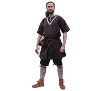 Battle-Merchant - Tunique médiévale Ailrik - Homme - Manches Courtes/galons - Carnaval/Guerrier/Viking/déguisement - Marron - M