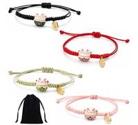 BAUCH 4 pcs bracelets chat Maneki Neko,Perles en céramique Mignon Chat porte-bonheur,Bracelets d'amitié tressés,pour adolescents, hommes et femmes