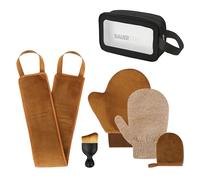Bauer 39509 Lot de 6 accessoires autobronzants gants exfoliants en velours, applicateur pour le dos, brosse de bronzage et sac de rangement, réutilisables, sans traces, ultra doux pour le visage et le