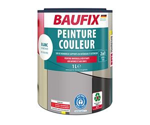Baufix PEINTURE COULEUR 2en1 - Blanc env. RAL 9010-1 litre - Pour l’intérieur & l’extérieur - Pour bois, zinc, fer, maçonnerie, béton, plaques en Eternit etc. - Séchage rapide