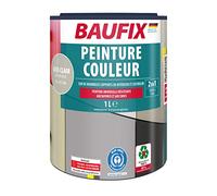 BAUFIX PEINTURE COULEUR 2en1 - Gris clair env. RAL 7044-1 litre - Pour l’intérieur & l’extérieur - Pour bois, zinc, fer, maçonnerie, béton, plaques en Eternit etc. - Séchage rapide