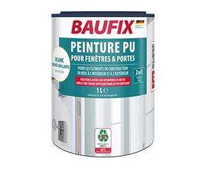BAUFIX Peinture pour fenêtres & portes PU blanc, satinée brillante, 1 litres, Peinture Blanche, Peinture PU élastique. Longue tenue, ne s'écaille pas