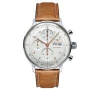 Bauhaus 2018-1 Montre chronographe automatique pour homme, acier inoxydable, argent, blanc, cuir marron
