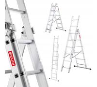 Baulich - Échelle Multifonction 3en1 Télescopique en Aluminium Double - 3x6(marches) Polyvalente, Pliable, Jusqu'à 150kg, pour Les Travaux dans la Maison et Le Jardin, Légère 8 kg, Argent