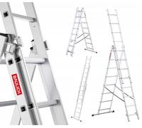 Baulich - Échelle Multifonction 3en1 Télescopique en Aluminium Double - 3x8(marches) Polyvalente, Pliable, Jusqu'à 150kg, pour Les Travaux dans la Maison et Le Jardin, Légère 11 kg, Argent