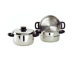 Baumalu, Combiné Vapeur 3 Corps Inox 20 cm Argenté - Ustensile de Cuisine en Acier Inoxydable, Compatible Tous Feux, Couvercle en Verre, Équipement Bakélite, Haute Qualité