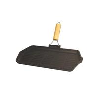 Baumalu - Grill Rectangulaire noir en Fonte - 33,5 x 19,5 cm - Induction | Répartition homogène de la chaleur, pour marquer viandes et légumes, manche bois rétractable, tous feux dont induction