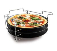 Baumalu, Lot de 3 Plaques à Pizza avec Support Ajustable, Diamètre 30 cm, Anti-adhérent, Couleur Argent et Noir, Hauteur 15 cm, Idéal pour Cuisson Multiple