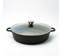 Baumalu, Mijoteuse Basse 32 cm en Fonte d'Aluminium Noir, Intérieur Anti-Adhérent Whitford Xylan Plus, Couvercle en Verre avec Bouton Inox, Compatible Tous Feux y compris Induction