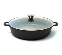 Baumalu - Mijoteuse Basse Fonte Alu Ø 32 cm - Xylan - Induction | Revêtement anti-adhérent Whitford Xylan Plus, cuisson saine et sans accroche, couvercle verre à bouton inox ; tous feux