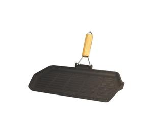 Baumalu, Poêle Grill Rectangulaire en Fonte 33,5 cm x 19,5 cm, Manche Rétractable en Bois, Noir, Compatible Tous Feux et Induction, Idéal pour Barbecue et Cuisine