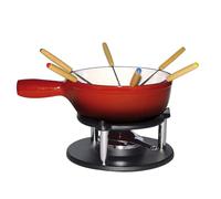 Baumalu, Service à Fondue Savoyarde en Fonte Émaillée Rouge, 20 cm, pour 6 personnes, comprenant 1 réchaud, 1 brûleur, 1 caquelon et 6 fourchettes