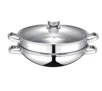 BAUMALU - Wok & Wok Vapeur 2-en-1 - Acier Inoxydable - Tous Feux dont Induction - Couvercle en Verre avec Bords Inox et Trou Vapeur - avec Légumier et Panier - Poignées en Métal - Ø32cm