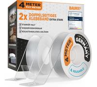 BAURIX® Ruban adhésif double face [2x 2m] - Adhésif double face extra fort - Double face transparent en silicone lavable - Scotch ultra résistant