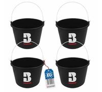 BAUSTER® Lot de 4 seaux de construction en plastique de 12 l - Seau à ciment - Seau à mortier - Seau de jardin - Idéal pour les travaux de rénovation et de construction - Seau en plastique - Noir