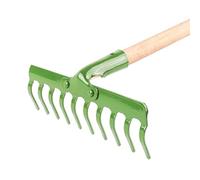 BAUSTER® Râteau en acier vert avec manche de 130 cm pour pelouse, jardin, sol, sol, étroit, idéal pour le jardin, pierres, râteau robuste (rectangulaire à 10 dents)