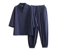 Bauzuoyo Combinaison d'été en lin pour homme - 2 pièces - Pyjama confortable et respirant - Ensemble kimono japonais avec poches - Col en V Yukata et pantalon 3/4 - Vêtement de détente léger et fin