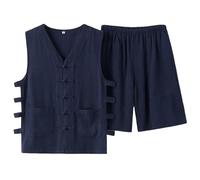 Bauzuoyo Costume d'été court en lin pour homme 2 pièces traditionnel chinois fait à la main Style art martial Kung Fu Tai Chi Qi Gong Wushu Taekwondo Vêtements Gilet et short, Marine, M