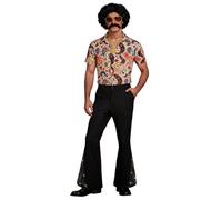 Bauzuoyo Costume disco des années 70 - Hippie - Pour homme - Pantalon évasé à paillettes et chemise à manches courtes avec motif cachemire - Perruque - Collier de lunettes de soleil - Moustache