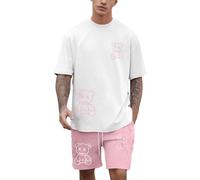 Bauzuoyo Ensemble d'intérieur 2 pièces pour homme - Imprimé ours amusant - Pyjama d'été - Col rond - Manches courtes - T-shirt et short - Survêtement baggy - Bloc de couleurs - Style hip hop, Rose, S
