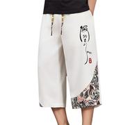Bauzuoyo Pantalon 3/4 pour homme style japonais Harajuku Streetwear Impression créative cool Pantalon de loisirs Pantalon capri fin respirant Jambe droite Pantalon kimono japonais avec poches