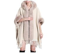 Bauzuoyo Poncho chaud pour femme - Automne - Hiver - Avec col en peluche - Doublure polaire - Pull à pompons - Style western vintage - Cardigan - Étole - Veste de mariée pour mariage, beige, taille