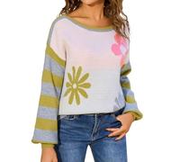 Bauzuoyo Pull en tricot pour femme Automne Hiver Chaud Confortable Pull Casual Mode Floral Rayures Col Rond Manches Longues Tricoté Haut Y2K Vintage Streetwear Manches Lanternes, jaune, M