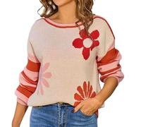 Bauzuoyo Pull en tricot pour femme Automne Hiver Chaud Confortable Pull Casual Mode Floral Rayures Col Rond Manches Longues Tricoté Haut Y2K Vintage Streetwear Manches Lanternes, Orange, L
