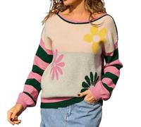 Bauzuoyo Pull en tricot pour femme Automne Hiver Chaud Confortable Pull Casual Mode Floral Rayures Col Rond Manches Longues Tricoté Haut Y2K Vintage Streetwear Manches Lanternes, vert, M