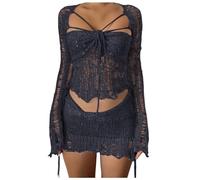 Bauzuoyo Tenue de festival pour femme - Ensemble à paillettes - Avec franges - Filet creux - Sexy Y2K - Crop Tops avec taille haute - Mini jupe moulante des années 80 et 90 - Streetwear - Costume de