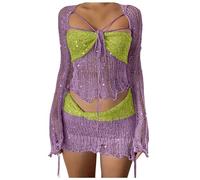 Bauzuoyo Tenue de festival pour femme - Ensemble de paillettes - Avec franges - Filet creux - Sexy Y2K - Crop Tops avec taille haute - Mini jupe moulante des années 80 et 90 - Streetwear - Costume de