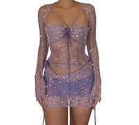 Bauzuoyo Tenue de festival pour femme - Ensemble de paillettes - Avec franges - Filet creux - Sexy Y2K - Crop Tops avec taille haute - Mini jupe moulante des années 80 et 90 - Streetwear - Costume de