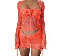 Bauzuoyo Tenue de festival pour femme - Ensemble de paillettes - Avec franges - Filet creux - Sexy Y2K - Crop Tops avec taille haute - Mini jupe moulante des années 80 et 90 - Streetwear - Costume de