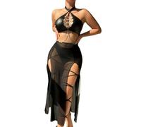 Bauzuoyo Tenue sexy pour femme - Ensemble de lingerie sexuelle en cuir synthétique - 3 pièces - Avec soutien-gorge - String et jupe - Aspect cuir synthétique - Effet mouillé - Dentelle transparente