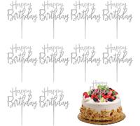 BAVALIN 10 Pièces Décoration de Gâteau Joyeux Anniversaire - Glitter Happy Birthday Cdécoration de Gâteau Acrylique pour Décoration de Fête d’anniversaires de Douche de Bébé, Argenté