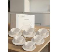 BAVARY Pearl Tasse A Cafe 200ml Avec Soucoupes, 12 Pcs (6 pers.) - Design Blanc Avec Bordure Perlée - Tasse A The En Porcelaine - Tasse Cafe Et Tasse Cappuccino - Service A Cafe Lave-vaisselle OK