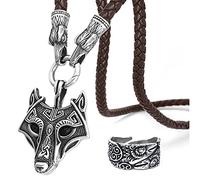 BAVIPOWER Pendentif tête de loup avec tête de corbeau marron tressé en acier inoxydable - Collier nordique scandinave authentique pour homme et femme, Métal