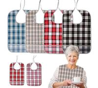 Bavoir Adulte, Lot de 4 Bavoir Adulte Femme, Bavoir Adulte Homme à Plaid Imperméables Réutilisables Réglables, Bavoir Adulte pour Adulte avec Ramasse-Miettes pour Adultes pour Femmes et Hommes