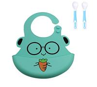 Bavoir Bébé en Silicone + Cuillère, Treer Souple Bavette imperméable Mignon Réglable Salive Serviette pour Bébé Naissance Garçons Filles Protéger les Vêtement Taches (Ours vert)