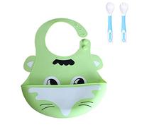 Bavoir Bébé en Silicone + Cuillère, Treer Souple Bavette imperméable Mignon Réglable Salive Serviette pour Bébé Naissance Garçons Filles Protéger les Vêtement Taches (Renard vert)