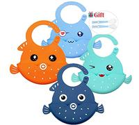 Bavoir Bébé en Silicone Mignon Réglable imperméable, Treer Souple Bavette Salive Serviette pour Bébé Naissance Garçons Filles Protéger les Vêtement Taches (Blowfish 3D,30 * 21cm)